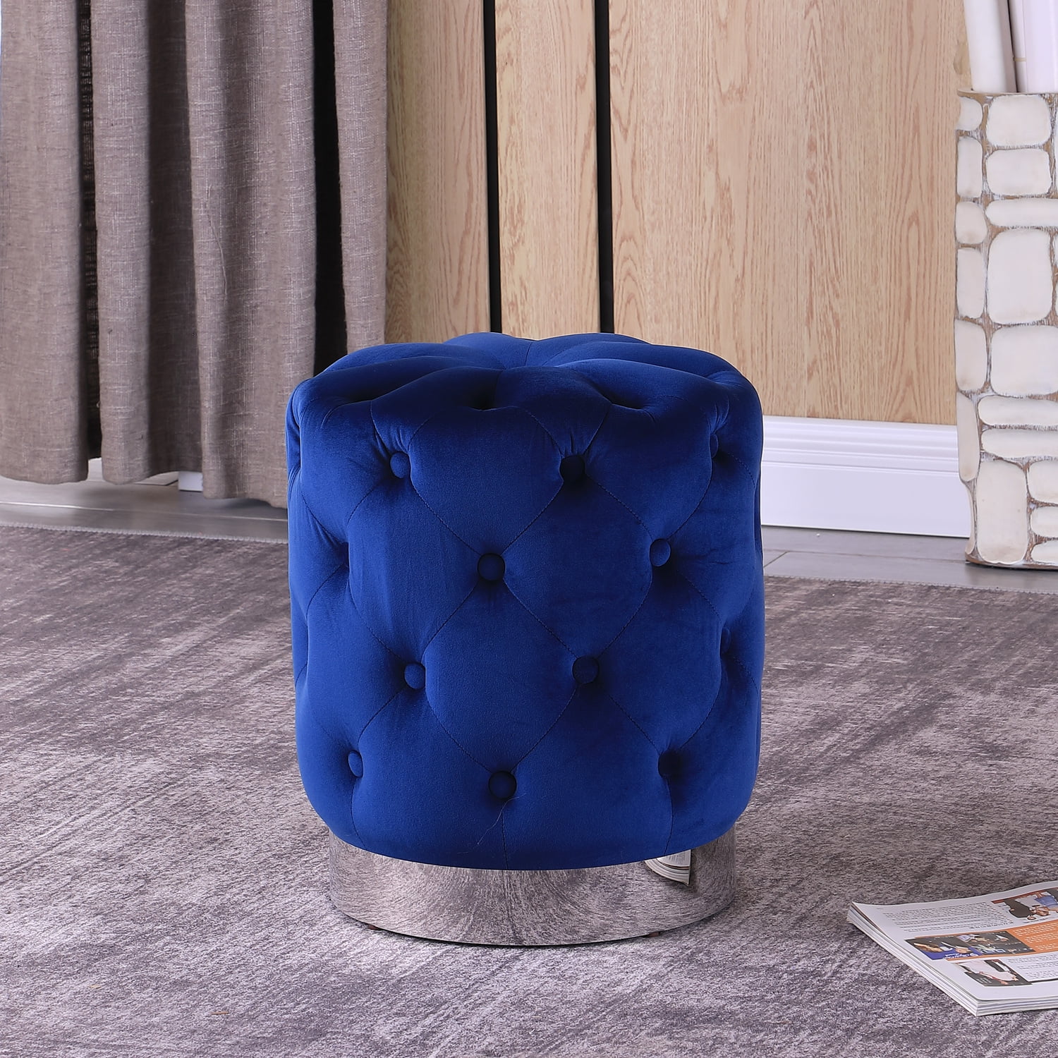 Jacobson Round Blue Tufted Velvet Ottoman with Stainless Steel Base