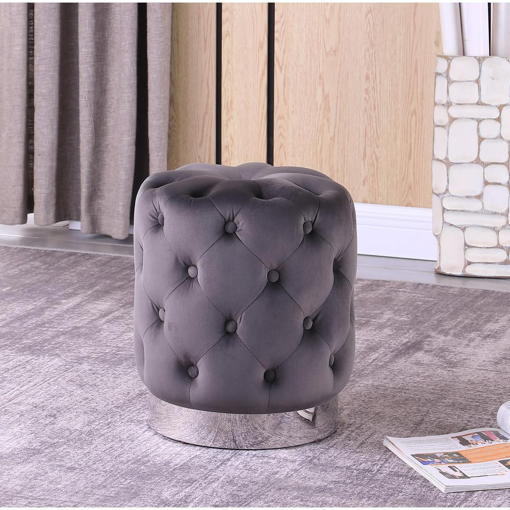 Gray Tufted Round Velvet Ottoman with Stainless Steel Base