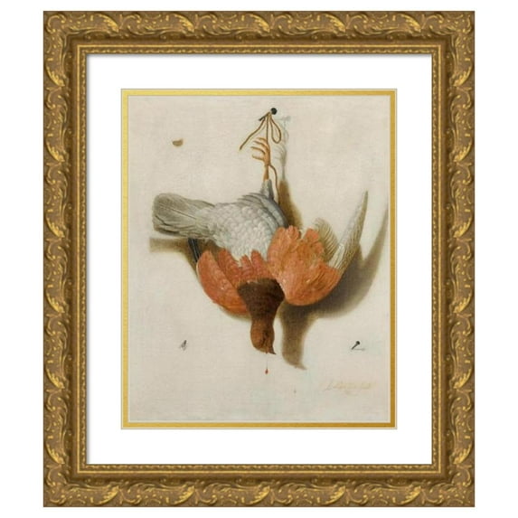 Jacobus Biltius 20x24 Gold Ornate Framed and Double Matted Museum Art Print Titled - A Trompe L’Oil with a Willow Ptarmigan Hanging from a Nail (1665)