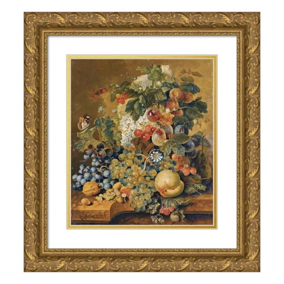 Jacobus Linthorst 15x17 Gold Ornate Wood Frame and Double Matted Museum Art Print Titled - A Still Life with a Basket of Fruit, Nuts And Flowers on a Stone Ledge (1812)