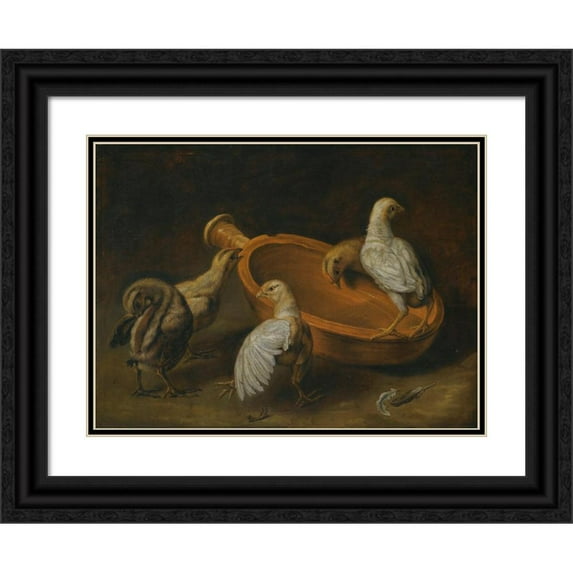 Jacobus Victors 18x14 Black Ornate Wood Framed Double Matted Museum Art Print Titled - Five Chicks Assembled Around a Bowl of Water