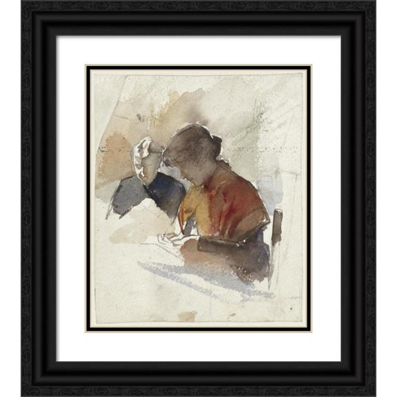 Jacobus van Looy 12x14 Black Ornate Wood Framed Double Matted Museum Art Print Titled: Two Sewing Women (1865 - 1930)