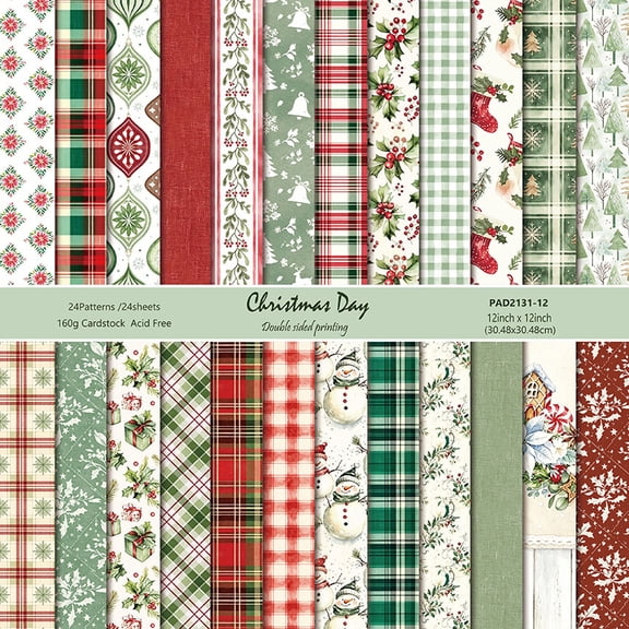 Jacone 12’’x12’’ Scrapbook Paper, 24 Sheets Double-Sided Colorful Scrapbook Pad Decorative Holiday Craft Paper for Photo Album Junk Journals DIY Decor(Christmas Day)