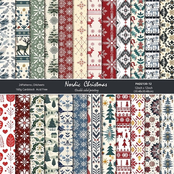 Jacone 12’’x12’’ Scrapbook Paper, 24 Sheets Double-Sided Colorful Scrapbook Pad Decorative Holiday Craft Paper for Photo Album Junk Journals DIY Decor(Nordic Christmas)