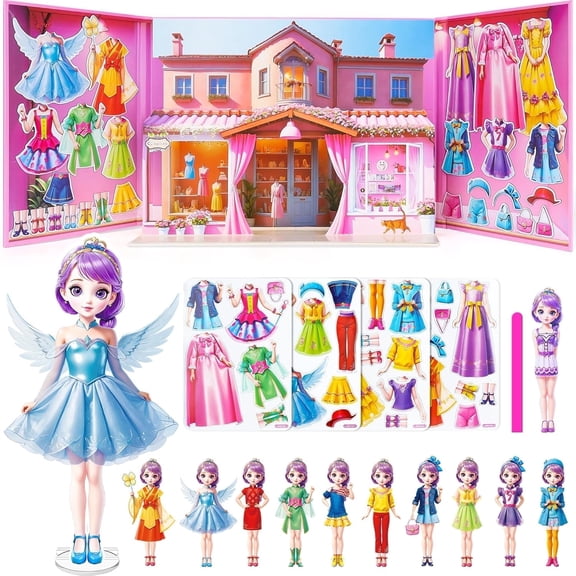 Jacone Magnetic Dress Up Dolls for Girls - Princess Magnet Paper Dolls Book with 3D City Buildings - Travel Car Trip Quiet Book Game Creating Imaginative Birthday Gifts for Kids Toddlers