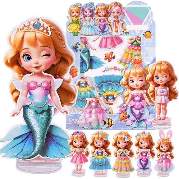 Jacone Mermaid Themed Magnetic Dress Up Dolls, Paper Dolls for Girls Ages 3-10, DIY Princess Magnetic Dress-Up Doll Pretend Play Set for Birthday