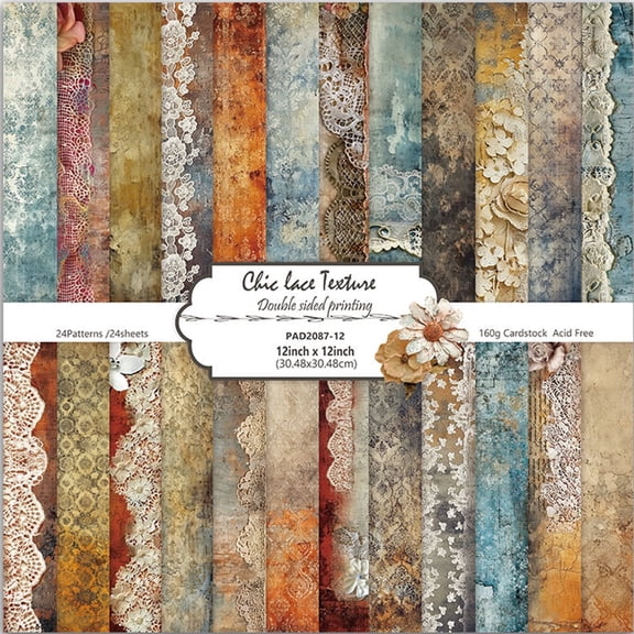 Jacone Vintage Lace Pattern Scrapbook Paper Pad 12×12,24 Sheets Double-Sided Coffee Floral Scrapbooking CardStock Paper Pad for Holiday Cardmaking DIY Junk Journal Origami Papers