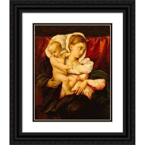 Jacopo Bassano 15x18 Black Ornate Wood Framed Double Matted Museum Art Print Titled - Madonna and Child (Between 1540 and 1545)