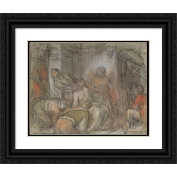 Jacopo Bassano 18x15 Black Ornate Wood Framed Double Matted Museum Art Print Titled - The Mocking of Christ (1568)