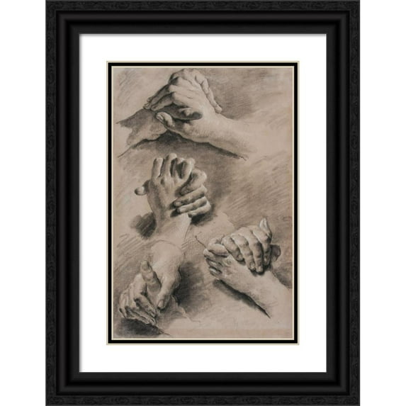 Jacopo Guarana 17x24 Black Ornate Framed Double Matted Museum Art Print Titled: Four Studies of Clasped Hands (circa 1750)