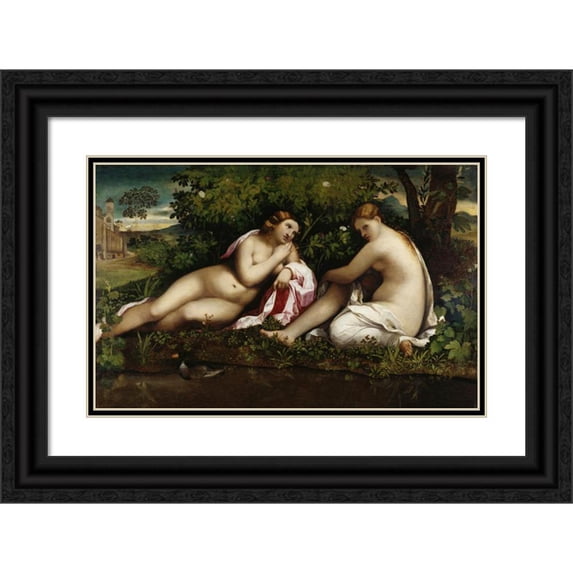 Jacopo Palma Il Vecchio 24x17 Black Ornate Framed Double Matted Museum Art Print Titled: Two Nymphs at Rest (1520 - 1530)