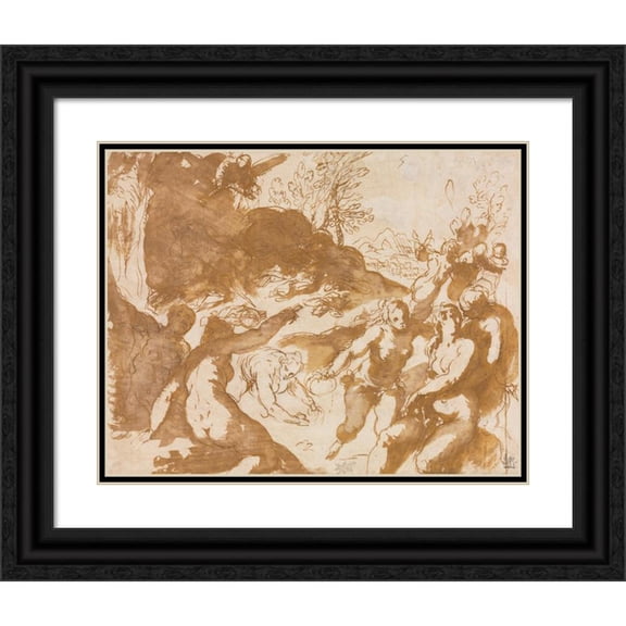 Jacopo Palma il Giovane 14x12 Black Ornate Wood Framed Double Matted Museum Art Print Titled: Apollo and the Muses Awakened by the Call of Fame (1590s)