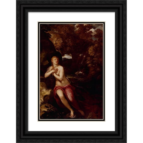 Jacopo Tintoretto 11x14 Black Ornate Wood Framed Double Matted Museum Art Print Titled: The Magdalene in the Wilderness (16th Century)
