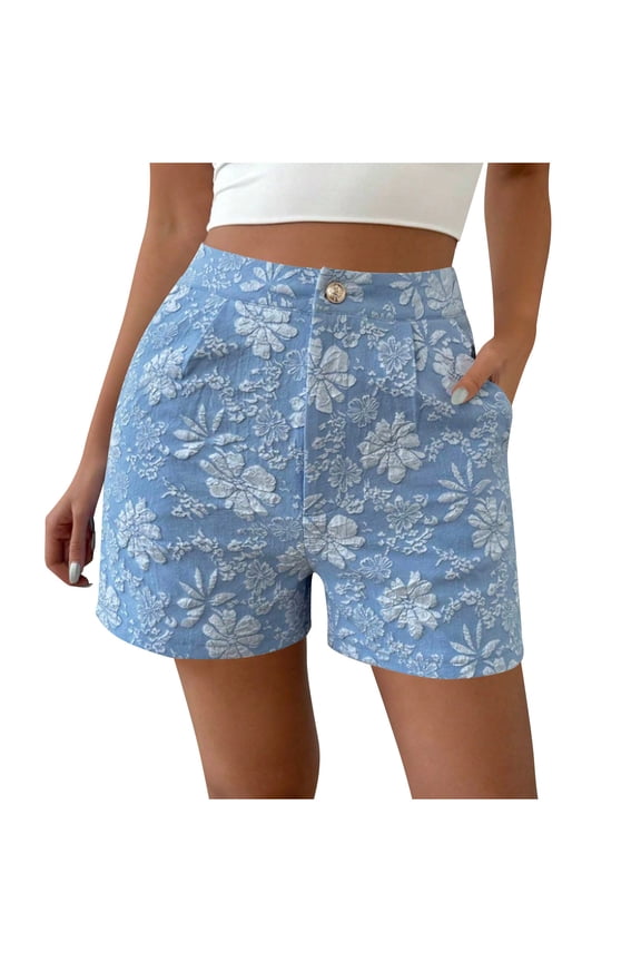 Jacquard Athletic Shorts for Womens High Waisted Put On Strech Bermuda Shorts Tummy Control Hip Lift Yoga Shorts Daisy Print Casual Sweatpant Gym Traning Track Joggers Pants with Pockets 2025 Summer