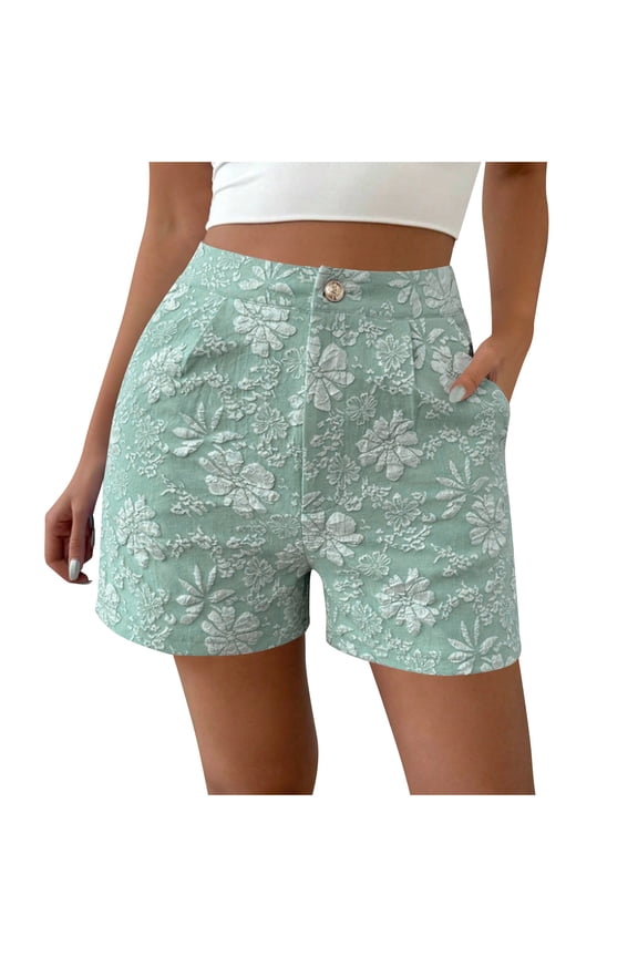 Jacquard Athletic Shorts for Womens Summer High Waisted Put On Strech Bermuda Shorts Tummy Control Hip Lift Yoga Shorts Daisy Print Casual Sweatpant Gym Traning Track Joggers Pants with Pockets