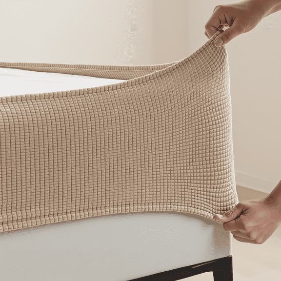 Jacquard Box Spring Cover, Stretchy Wrap Around Bed Skirt with 4 Elastic Corner Straps, Wrinkle Resistant, Cream, Queen