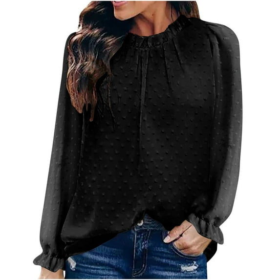 Jacquard Chiffon Top for Women Round Neck Chiffon Top Chiffon Balloon Sleeve Top Fashion Top Pleated Neck Chiffon Top