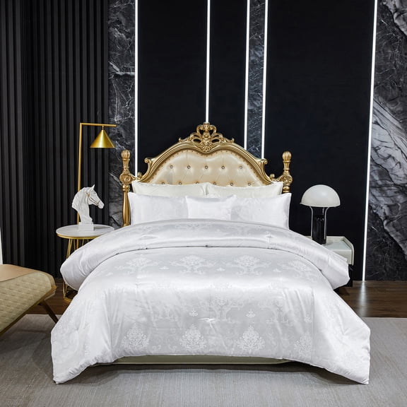 Jacquard Comforter Queen Gold Bedding Taupe Satin Sheet Set 8 Pcs Embroidery Neoclassical Floral Home Decor Soft Luxury Hotel Silky Bed in a Bag with 1 Cushion Cover