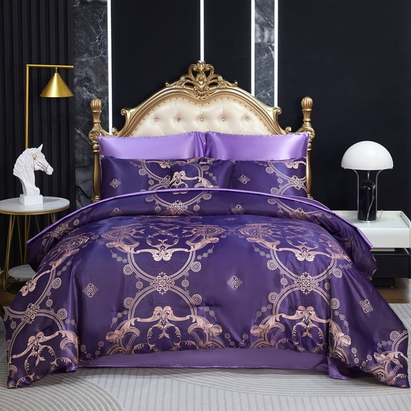 Jacquard Comforter Queen Gold Bedding Taupe Satin Sheet Set 8 Pcs Embroidery Neoclassical Floral Home Decor Soft Luxury Hotel Silky Bed in a Bag with 1 Cushion Cover