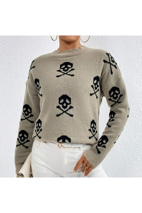 Jacquard Crewneck Pullover Knitted Sweaters For Women Casual Skull Halloween Sweater Autumn And Winter Tops