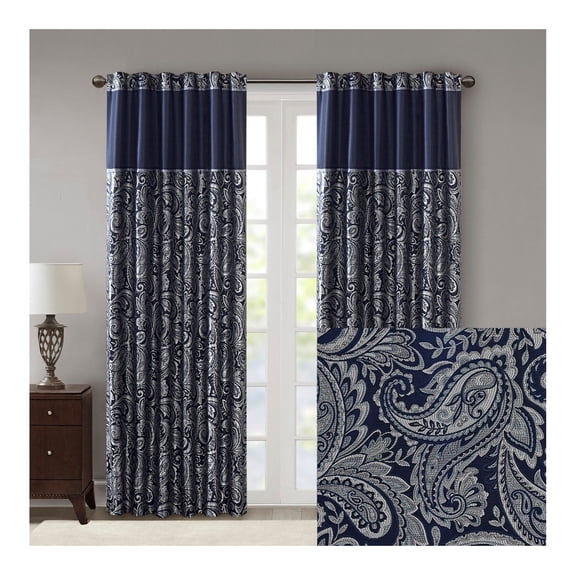 Jacquard Curtain Panel Pair Navy + Polyester