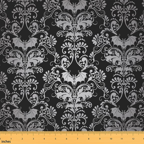 Jacquard Damask Bat Decorative Fabric,Bohemian Exotic Upholstery Fabric,Black White Ombre Floral Fabric By The Yard,Gothic Oriental Antique Ornament Vintage Fabric By The Yard For Adults Men,10 Yards