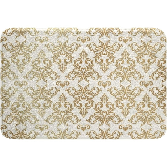 Jacquard Damask Soft Fleece Door Carpet Damask Floral Polyester Bath Rug Boho Damask Non Slip Bath Mat White Gold Bathroom Floor Indoor Doormat,16x24 Inch