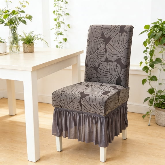 Jacquard Dining Chair Covers Set of 1, Thickened Elastic Stretch Slipcovers, Skirt-Style Decorative Chair Protector with Pleated Design, Elegant Fit for Hotel, Wedding & Home Decor, Gray