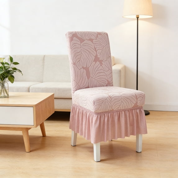 Jacquard Dining Chair Covers Set of 1, Thickened Elastic Stretch Slipcovers, Skirt-Style Decorative Chair Protector with Pleated Design, Elegant Fit for Hotel, Wedding & Home Decor, Pink