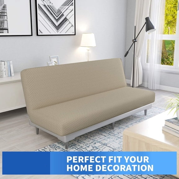 Jacquard Futon Cover Stretch Armless Futon Sofa Cover Soft Futon Slipcover with Elastic Bottom Thick Sofa Bed Furniture Protector Covers, Machine Washable (Khaki)