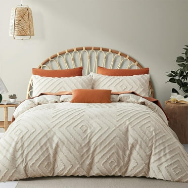 Jacquard Geometric Pattern Tufted Duvet Cover Soft Lightweight Beige Duvet Cover Set Boho Shabby Chic Bedding Set,Queen size