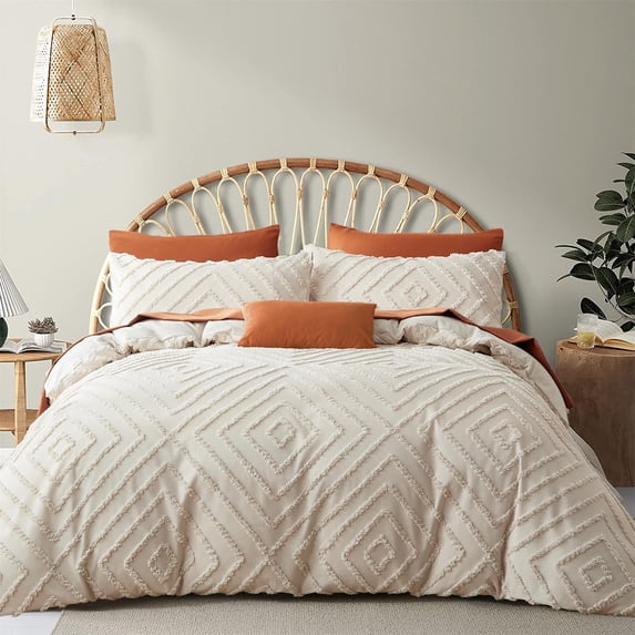Nayoroom 3 Pieces Jacquard Geometric Pattern Tufted Duvet Cover Soft Lightweight Beige Duvet Cover Set Boho Shabby Chic Bedding Set,Queen size