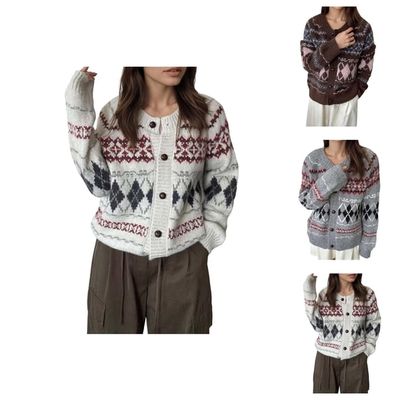 Women's Cardigan Sweater Casual Button Up Long Sleeve Cardigans for Women Jacquard Knit Cardigan For Cozy Oversized Sweater Coat Soft Fall Winter Yarn Pullover Outerwear