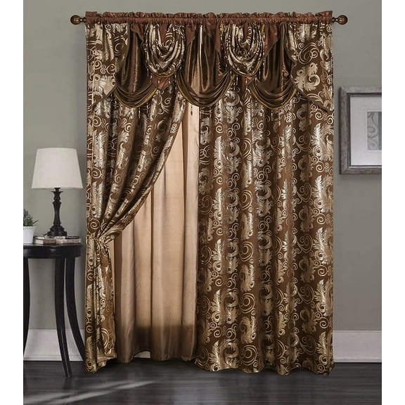Jacquard Luxury Window 2 Panel Set Brown Curtain with Attached Valance and Backing Bedroom Living Room Dining 2 Curtains 55x84 inches Each