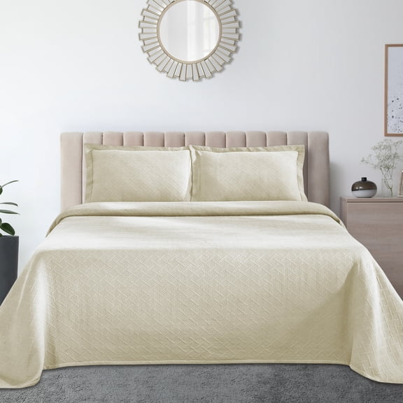 Jacquard Matelass 100% Cotton Basketweave 3-Piece Bedspread Set, Embossed Cotton Fabric, Soft, Breathable, Medium Weight, Basketweave, Oversized Bedding, Full, Ivory by Blue Nile Mills