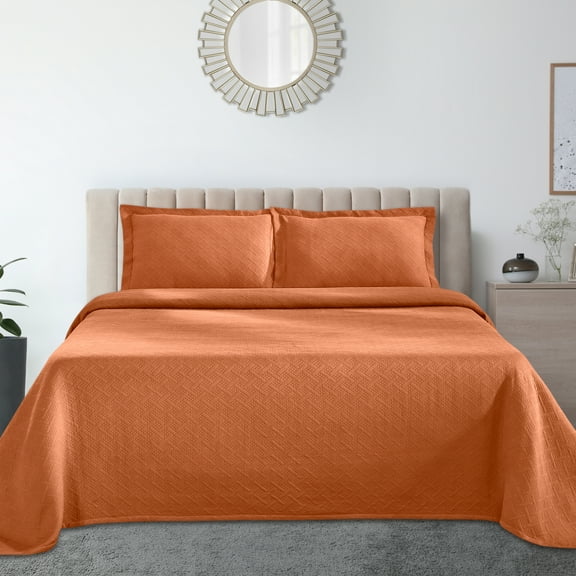 Jacquard Matelassé 100% Cotton Basketweave 3-Piece Bedspread Set, Embossed Cotton Fabric, Soft, Breathable, Medium Weight, Basketweave, Oversized Bedding , Full, Mandarin by Blue Nile Mills