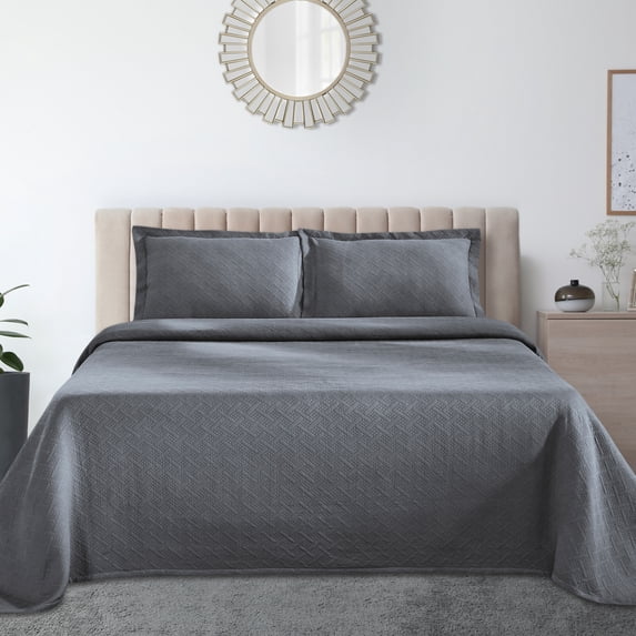 Jacquard Matelass 100% Cotton Basketweave 3-Piece Bedspread Set, Embossed Cotton Fabric, Soft, Breathable, Medium Weight, Basketweave, Oversized Bedding, King, Grey by Blue Nile Mills