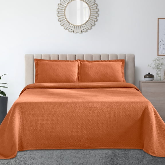 Jacquard Matelass 100% Cotton Basketweave 3-Piece Bedspread Set, Embossed Cotton Fabric, Soft, Breathable, Medium Weight, Basketweave, Oversized Bedding, King, Mandarin by Blue Nile Mills