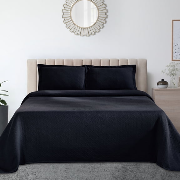 Jacquard Matelass 100% Cotton Basketweave 3-Piece Bedspread Set, Embossed Cotton Fabric, Soft, Breathable, Medium Weight, Basketweave, Oversized Bedding, Queen, Black by Blue Nile Mills