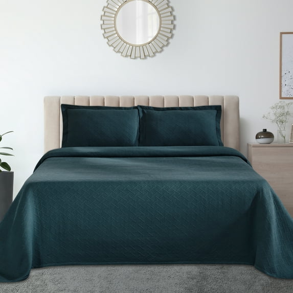 Jacquard Matelass 100% Cotton Basketweave 3-Piece Bedspread Set, Embossed Cotton Fabric, Soft, Breathable, Medium Weight, Basketweave, Oversized Bedding, Queen, Deep Sea by Blue Nile Mills