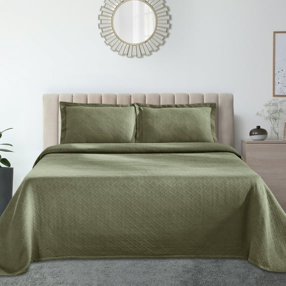 Jacquard Matelassé 100% Cotton Basketweave 3-Piece Bedspread Set, Embossed Cotton Fabric, Soft, Breathable, Medium Weight, Basketweave, Oversized Bedding , Full, Sage by Blue Nile Mills