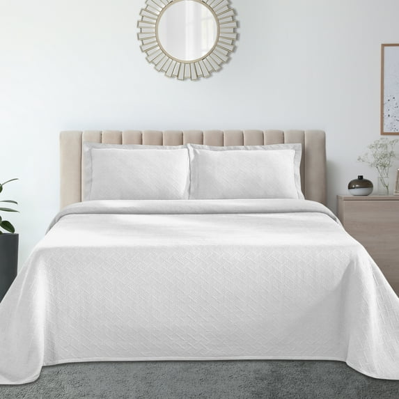 Jacquard Matelass 100% Cotton Basketweave 3-Piece Bedspread Set, Embossed Cotton Fabric, Soft, Breathable, Medium Weight, Basketweave, Oversized Bedding, King, White by Blue Nile Mills