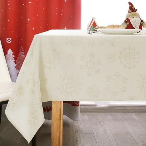 Jacquard Rectangle Christmas Tablecloth - Xmas Snowflakes Glitz Metallic Fabric Table Cloth, Waterproof and Washable Holiday Decorative Table Cover for Party, Cream/Gold 60 x 84 Inch