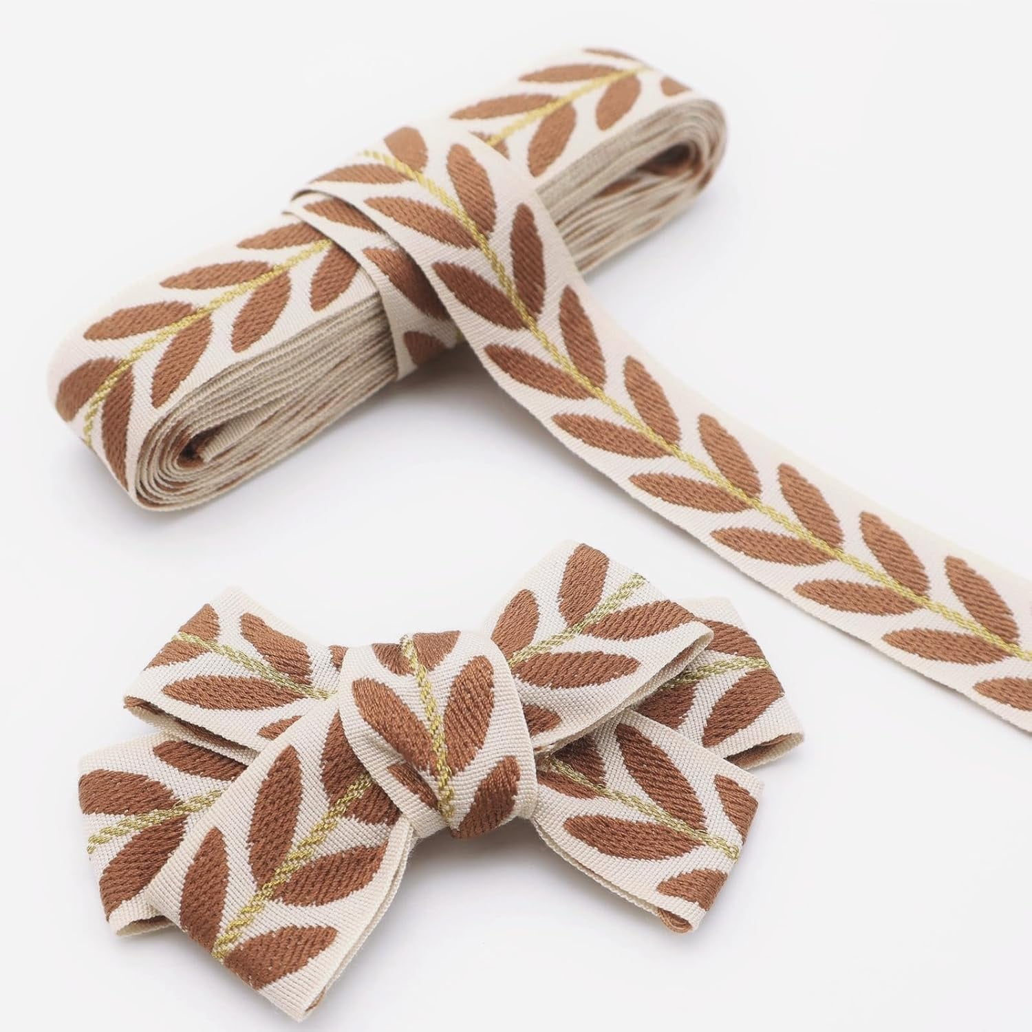 Leaf Pattern Ribbon Jacquard Ribbon 22 Yards Brown Embroidered Lace Trim Leaf Pattern ...