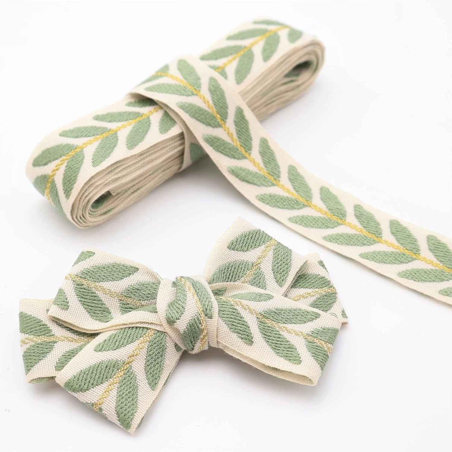 Leaf Pattern Ribbon Jacquard Ribbon 22 Yards Green Embroidered Lace Trim Leaf Pattern ...