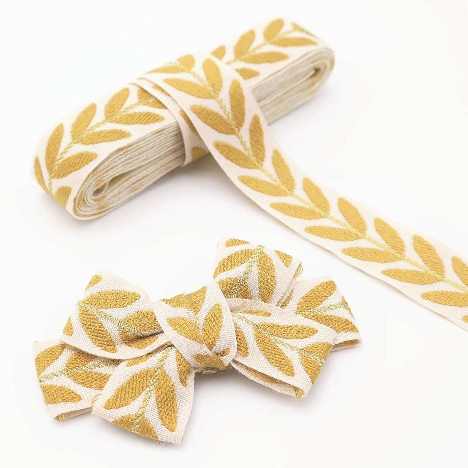 Leaf Pattern Ribbon Jacquard Ribbon 22 Yards Yellow Embroidered Lace Trim Leaf Pattern ...