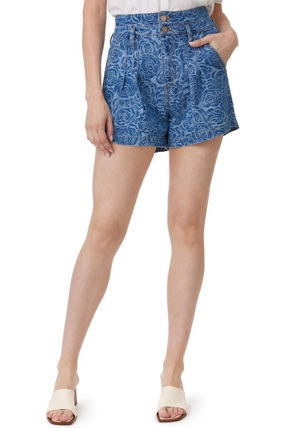 Jacquard Rose Pleated High Waist Denim Shorts