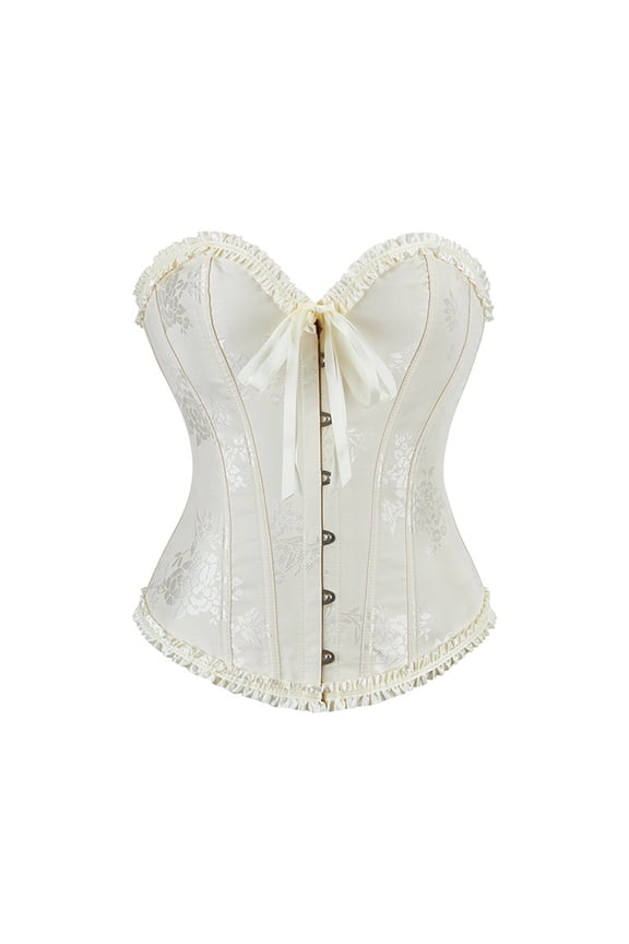 Jacquard Satin Corset for Women, Ruffled Overbust Bustier with Steel Boning & Front Busk - Vintage Waist Cincher for Gothic & Renaissance Style (1-Pack) Beige S