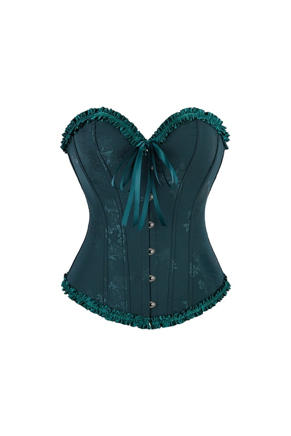 Jacquard Satin Corset for Women, Ruffled Overbust Bustier with Steel Boning & Front Busk - Vintage Waist Cincher for Gothic & Renaissance Style (1-Pack) Dark Green XS