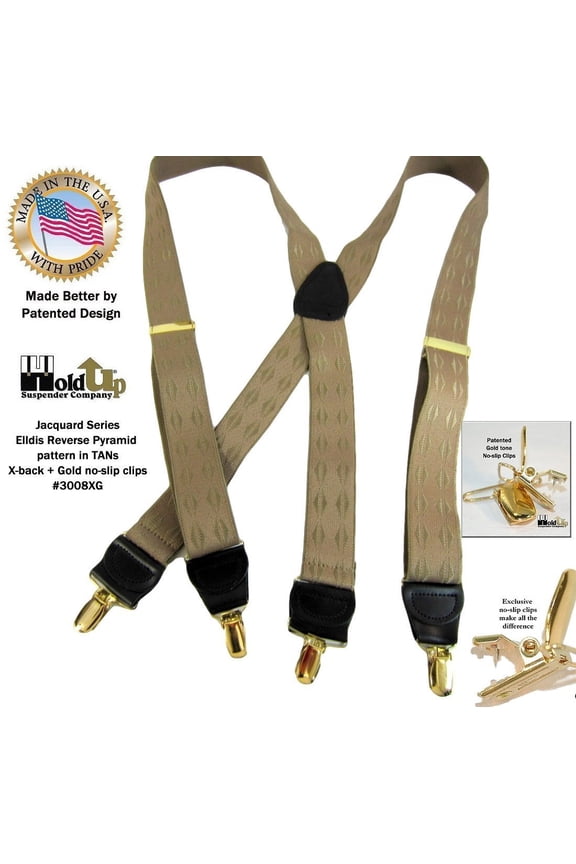 Jacquard Series Elddis diamond Pattern Tan X-back Holdup Suspenders with No-slip Gold-tone Clips